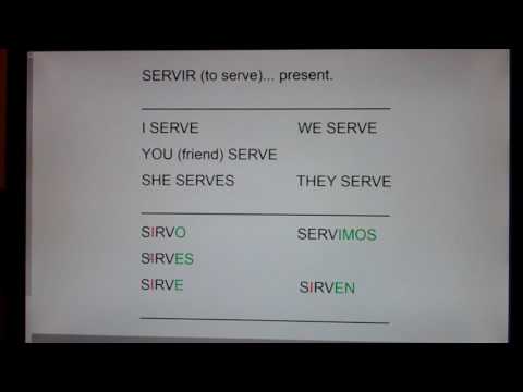 SERVIR (to Serve) present forms:  sirvo, sirves, sirve, servimos, sirven...