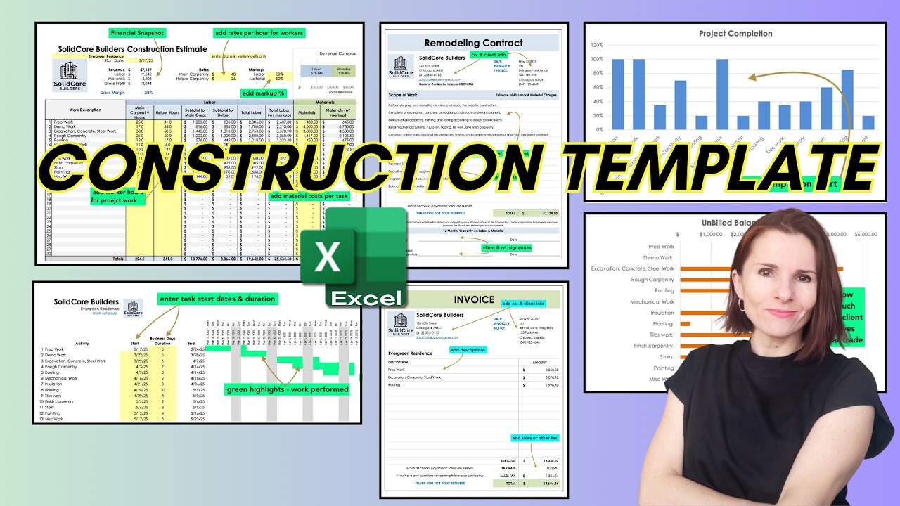 Complete Construction Template (Estimate, Contract, Gantt Chart, Invoice) in MS Excel & GS
