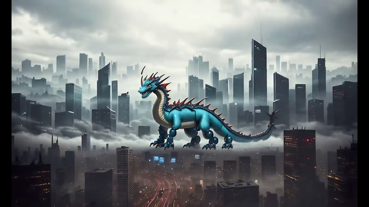 Free Stock Videos - AI animation - an robotic dragon creature in chaotic dystopian cityscape,