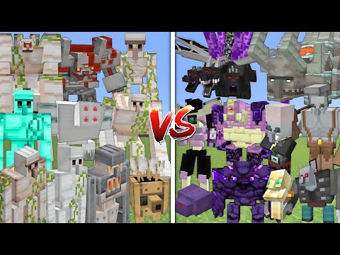 ALL IRON GOLEMS VS ALL ENDERMANS & PILLAGERS MOBS BATTLE IN MINECRAFT