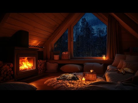 Rain and Crackling Fireplace | Cozy Attic Room with Sleeping Pets