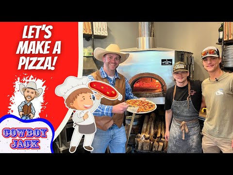 Thumbnail: four people in a pizza shop by a wood-fired oven; left red panel says “LET'S MAKE A PIZZA!” with Cowboy Jack branding.续? (shortened) Wait
