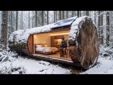 Building a Secret Luxury Cabin Inside a Giant Tree Trunk Alone (ASMR)
