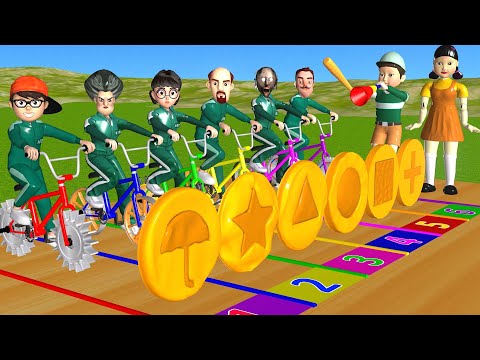 Squid Game vs Scary Teacher 3D Slow Bicycles Go Through Water vs Dalgona Candy Who Faster Challenge