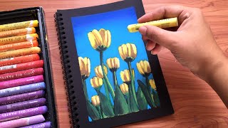 Easy Oil Pastel Painting for beginners | YELLOW TULIPS ON BLACK PAPER | Oil Pastel Drawing