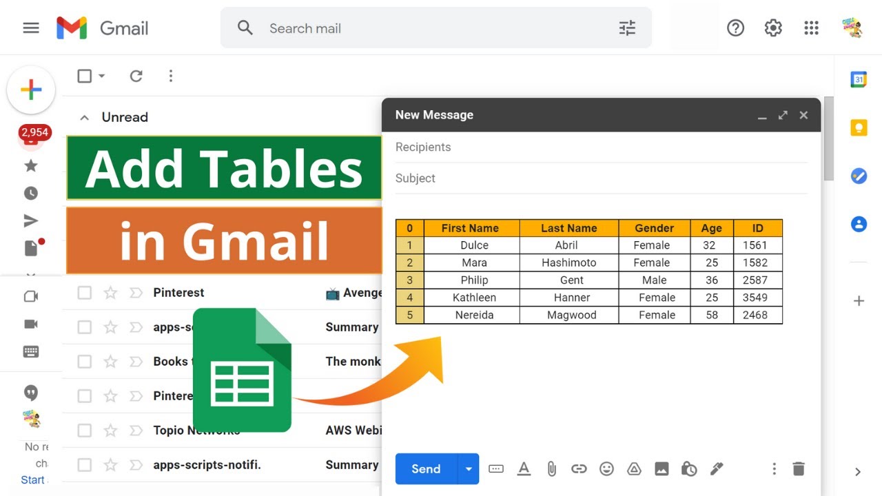 Insert/Create a Spreadsheet Table in Gmail Email