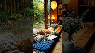 Rainy Garden Reading | Sleeping Cat & Warm Tea by Window | 4K Ambience