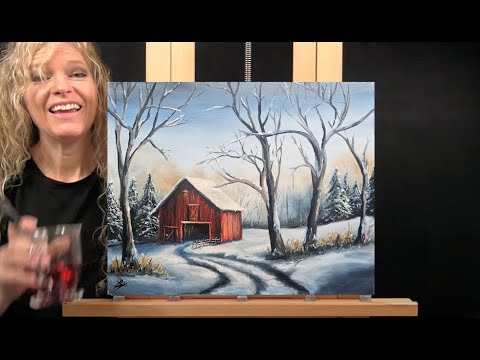 COUNTRY WINTER BARN-Learn How to Draw and Paint with Acrylic-Easy Paint and Sip at Home Step by Step
