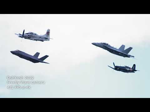Oshkosh 2022 Heritage Flight 4 planes slow-motion: F-35, F4u Corsair, A1 Skyraider, EA-18G Growler