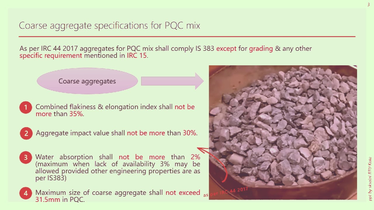 Coarse aggregate specifications & gradation for PQC mix with example as per IRC 44 2017