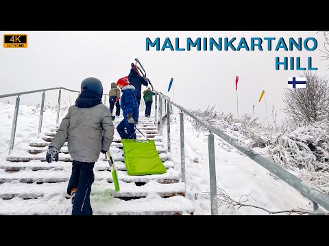 Climbing Snowy Malminkartano Hill in Winter  |  Malminkartanonhuippu  🇫🇮  [4K]
