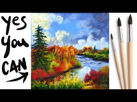 FALL RIVER LANDSCAPE Beginners Learn to paint Acrylic Tutorial Step by Step Day 7 #AcrylicApril2021