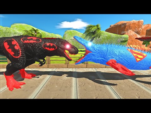 RED BATMAN T REX vs SUPERMAN MOSASAURUS OASIS DEATH RUN - Animal Revolt Battle Simulator ARBS