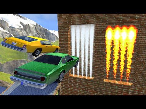 High Speed Jump Through FIRE Wall Or FREEZE Gas Wall - BeamNG drive Crazy Jumps