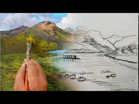 mountain landscape painting easy/Acrylic paint for beginners