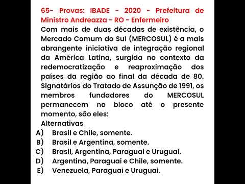 65- 🦉CONHECIMENTOS GERAIS - Provas: IBADE - 2020  Prefeitura de Ministro Andreazza - RO - Enfermeiro