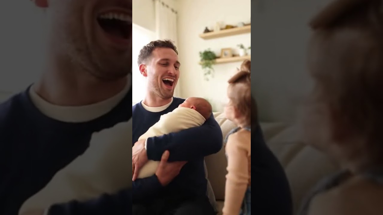 white family in a cozy living room with soft loving father gently holds and kisses a newborn baby