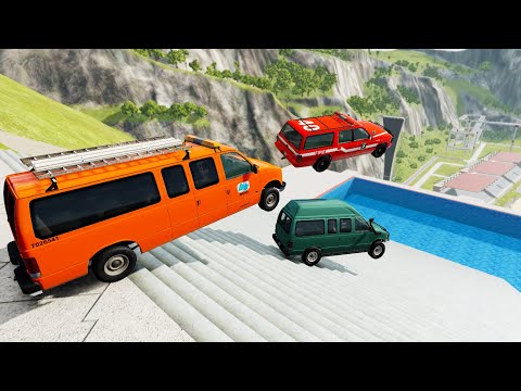 Jeep & Vans Stairs Jumps Down In Big Pool (Crash Test) - BeamNG.drive Down Stairs Jumps In Pool