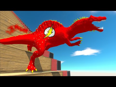 FLASH SPINOSAURUS vs MACHINE GUN FALL STAIRS CHALLENGE - Animal Revolt Battle Simulator