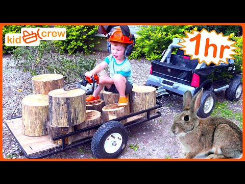 Farm work compilation with kids toy truck, tractor, chainsaw, ATV, ride on, tools | Educational