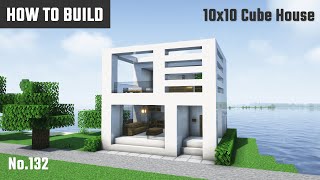 マイクラ建築：モダンで大きなルーフバルコニー付きの白い家の作り方。10x10ブロックで簡単に。No.132【Minecraft】