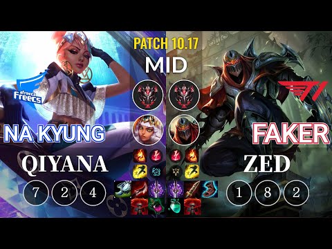 AF Na Kyung Qiyana vs T1 Faker Zed Mid - KR Patch 10.17