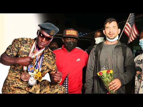 American kick boxer arrives for his fight with Updf's Titus Tugume