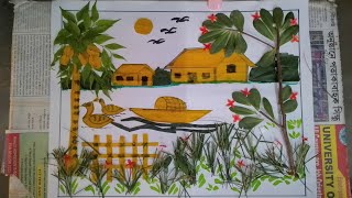 Leaf collage/how to make village scenery with leaves/leaf art/village scenery collage with leaves