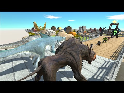 - CERBERUS VS INDOMIRUS REX VS KING SHARK DEATH RUN - Animal Revolt Battle Simulator