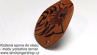 Kožená spona do vlasů - motiv yorkshire terrier