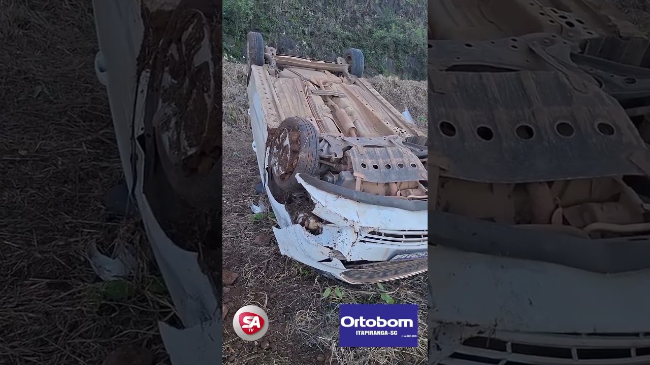 Carro sai da pista e capota na SC-163e, em Itapiranga