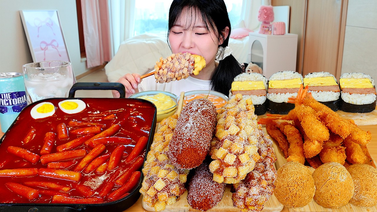 ASMR MUKBANG| 직접 만든 떡볶이 명랑핫도그 치즈볼 새우튀김 먹방 & 레시피 FRIED CHICKEN AND Tteokbokki EATING