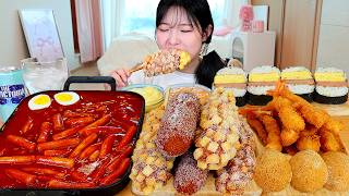 Download lagu ASMR MUKBANG| Spicy Tteokbokki, Whole Mozzarella Cheese Corn Dogs, Spam Kimbab, Cheese Balls mp3