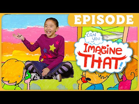 Smiling girl in a purple sweater sits on a bright, illustrated backdrop with a cloud-shaped 'Imagine That!' bubble and an 'EPISODE' banner above.