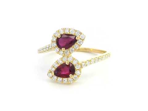 18K Gold Ruby and Diamond Ring – Double Pear Halo Bypass Design | 0.80ct Ruby Cocktail Ring