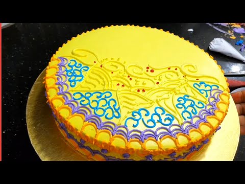 Beautiful vanilla cake design. //Holud er cake design. Alpona cake design.