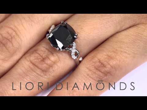 BDR -142 - 3.48 Carat Certified Cushion Cut Black Diamond Engagement Ring 18k White Gold