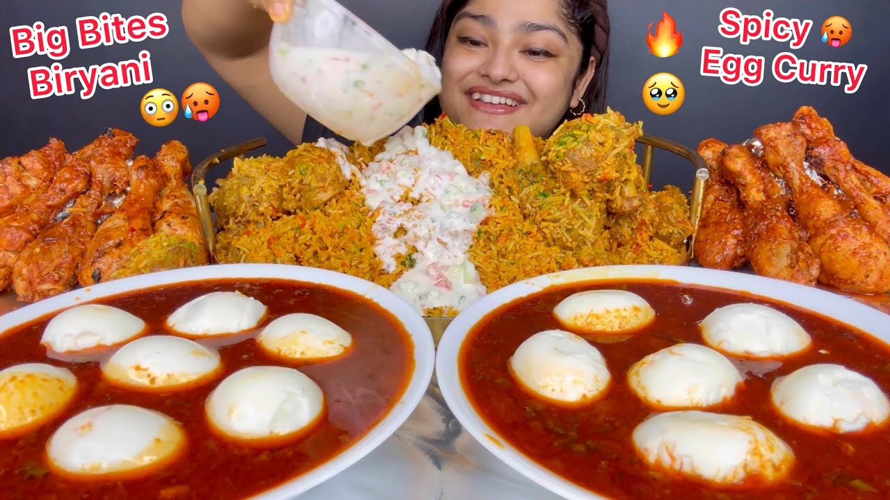 MUTTON NALLI BIRYANI, SPICY EGG CURRY WITH SPICY GRAVY AND SPICY CHICKEN DRUMSTICKS, RAITA | MUKBANG