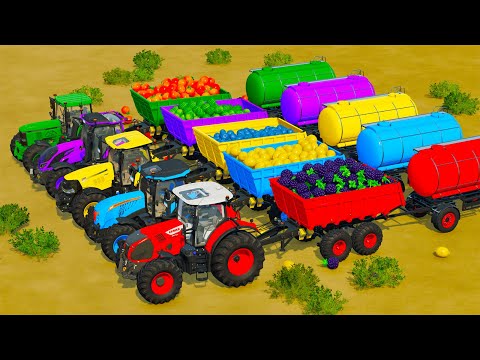 CLAAS vs McCORMICK vs CASE vs VALTRA vs JOHN DERRE TRACTORS BATTLE WITH FRUITS & WATER TANKS - Farmi