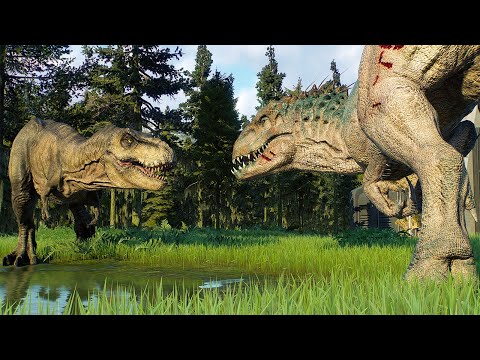 2x TYRANNOSAURUS REX vs 2x INDOMINUS REX (JWD DINOSAURS BATTLE) - Jurassic World Evolution 2