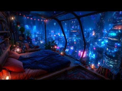 Ambient Cyberpunk - Rainy Highrise Neon Bedroom View | Soothing Rain Ambience & Deep Sleep | 4k