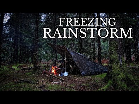 WINTER CAMPING IN FREEZING RAINSTORM - Alone in Freezing Temperatures, Making Fire in Rain/Snow