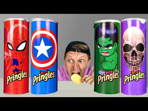 Mukbang Giant Pringles with Superheroes 프링글스를 먹으면 무엇으로 변할까요! Storyes from OM NOM