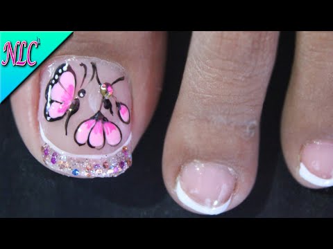 DISEÑO DE UÑAS PARA PIES MARIPOSA Y FLORES CON FRANCÉS ¡Muy Fácil! – BUTTERFLY NAIL ART – NLC