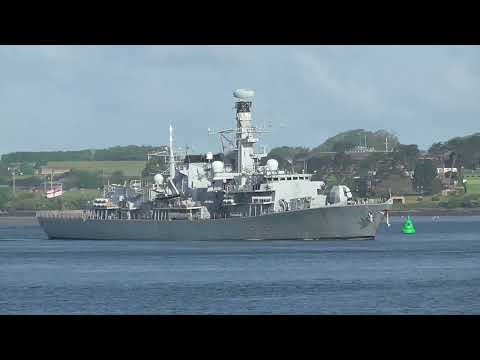 Warship of the Royal Navy Type 23 Frigate HMS Richmond departing from Plymouth Navy Base in Devon.