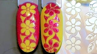 Sparkle Flowers Stamping Nail Art with Dry Coloring Loose Glitter over Semi-Gel Stamping Polishes