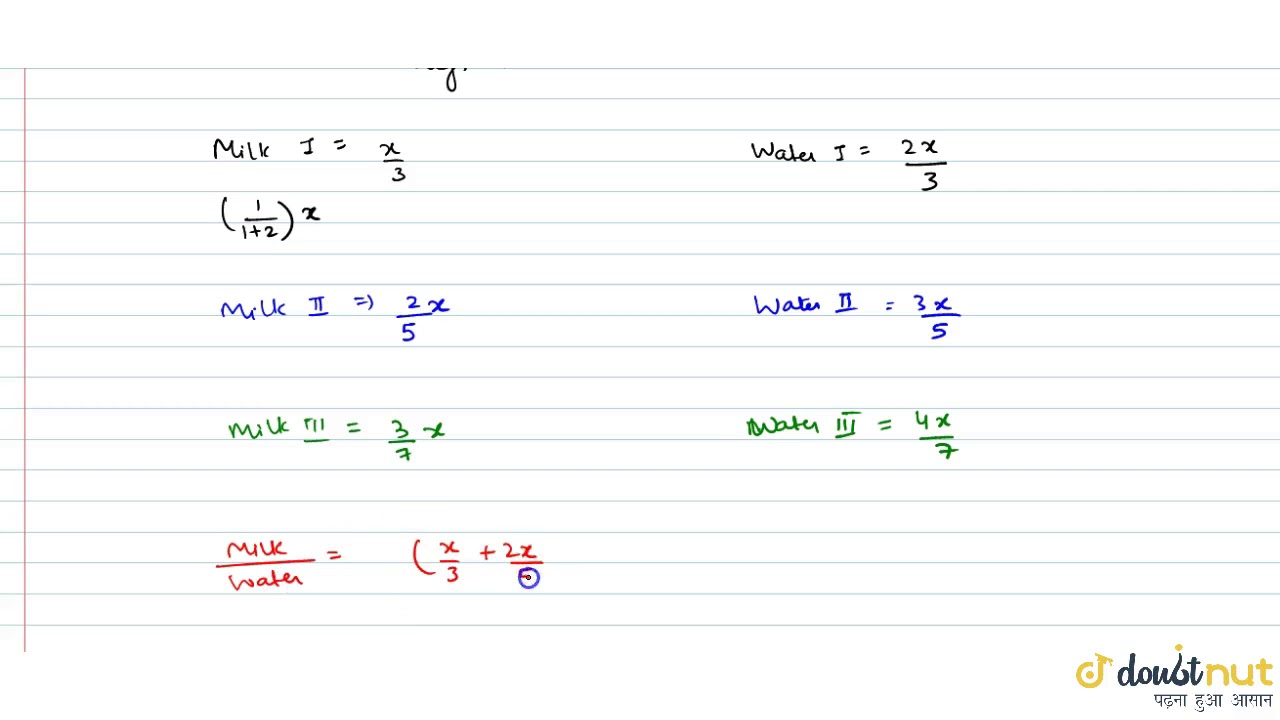 Three equal jugs are filled with a mixture of milk and water. The proportion of milk and water in