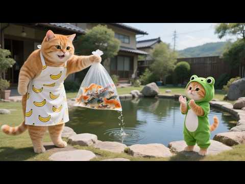 Ginger Kitten Love Aquarium Fish🐟, Mama Cat Teaches Her How to Build a Fish Pond❤️  Funny Cat Videos