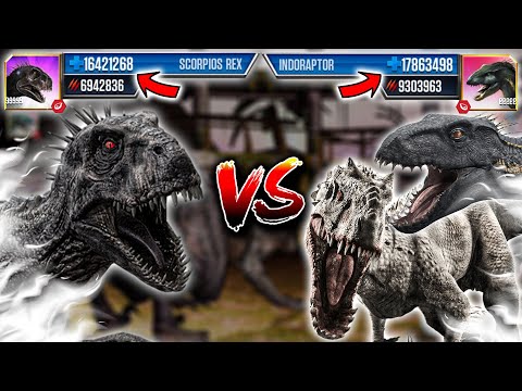 SCORPIOS REX vs INDORAPTOR vs INDOMINUS REX LEVEL 999 | Jurassic World: The Game