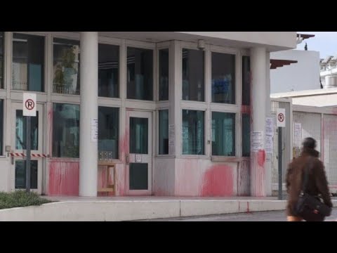 Aftermath of US embassy red paint attack in Athens